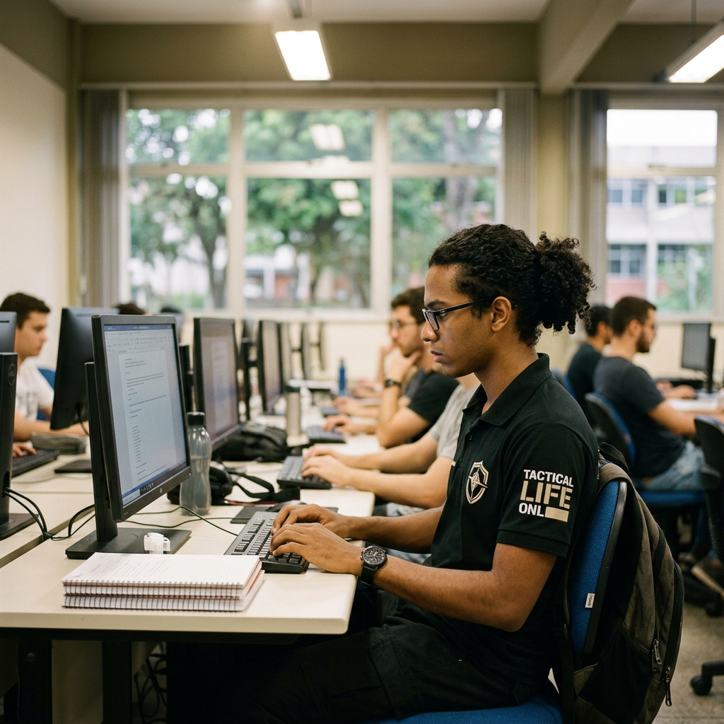 Several students working on desktop computers in a classroom.