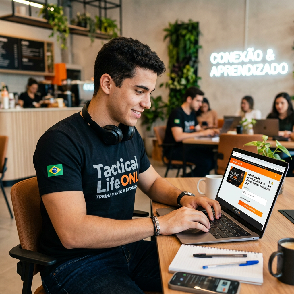 Young man using laptop to access an online tactical training course in a cafe